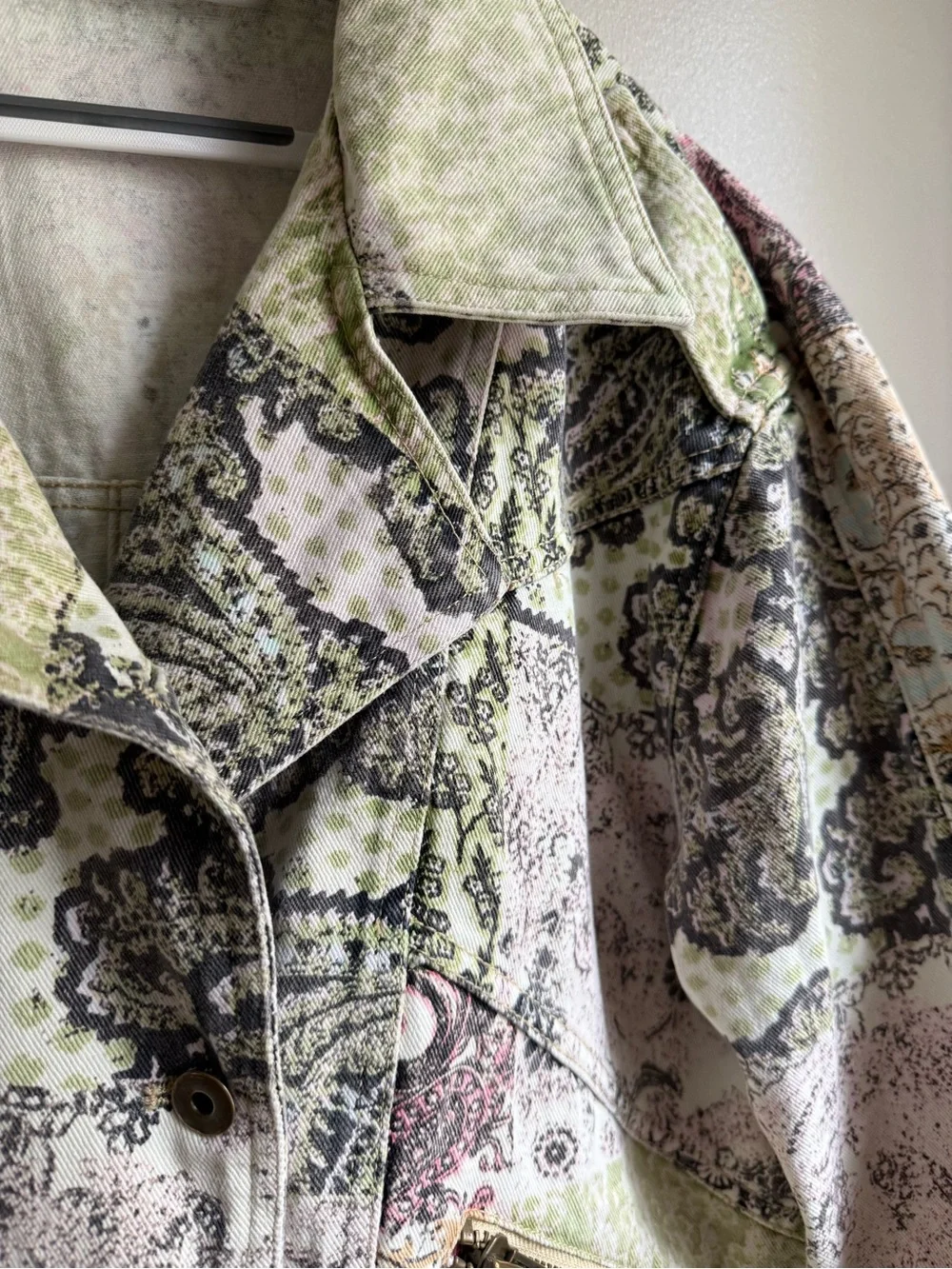 Free People Nadia Moto Jacket Oversized XS Patchwork Paisley Floral Cotton Boho